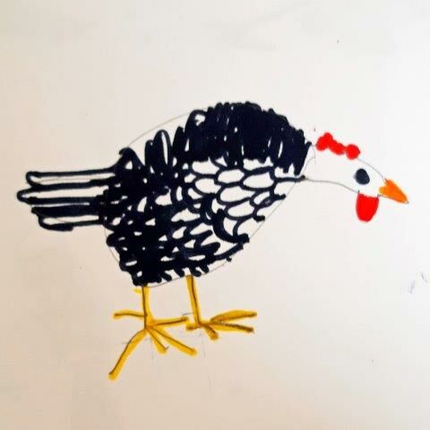 Monatsidee Hühner zeichnen: witziges Huhn von Schüler gemalt.