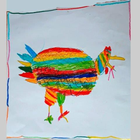 Monatsidee Juli - Hühner zeichnen: Huhn von Kind mit Filzstift gemalt. Idee von Malen mit Marlies, Fanas (Graubünden)