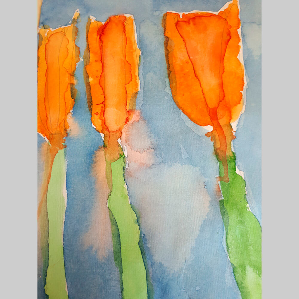 Monatsidee März - Tulpenbild: Tulpenbild mit Aquarell gezeichnet. Idee von Malen mit Marlies, Fanas (Graubünden)